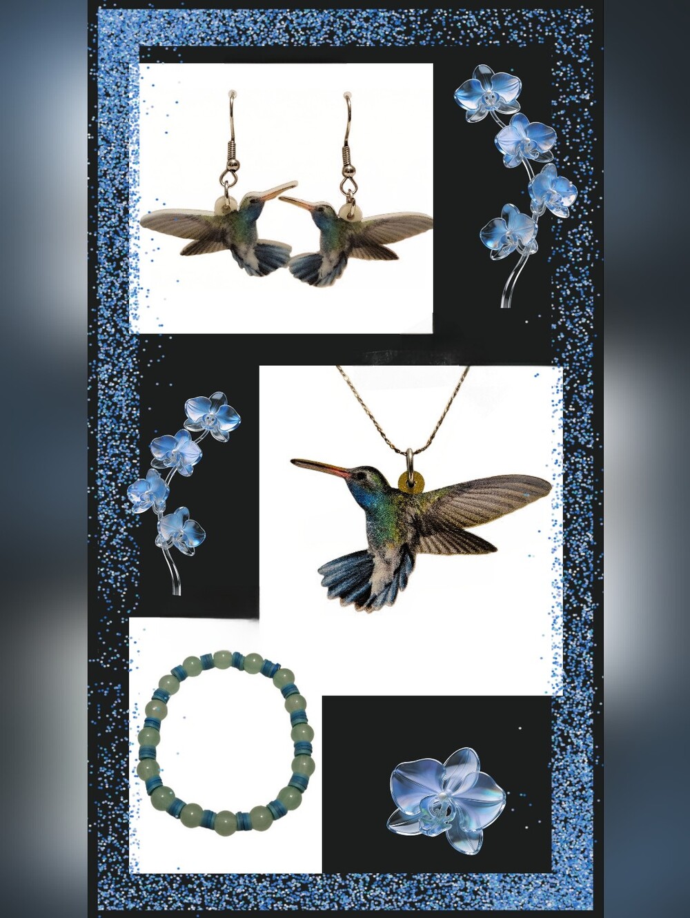 Hummingbird 925 Silver Necklace & Earring Set With Glass Bead Bracelet